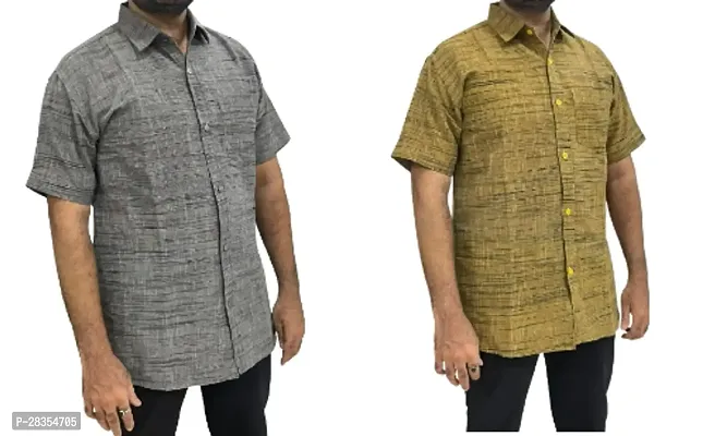 Fancy Khadi Cotton Short Sleeves Casual Shirt For Men Pack Of 2-thumb0