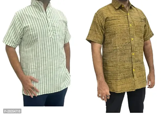 Fancy Khadi Cotton Short Sleeves Casual Shirt For Men Pack Of 2-thumb0