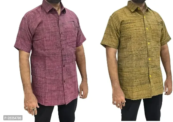 Fancy Khadi Cotton Short Sleeves Casual Shirt For Men Pack Of 2-thumb0