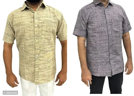 Fancy Khadi Cotton Short Sleeves Casual Shirt For Men Pack Of 2-thumb0