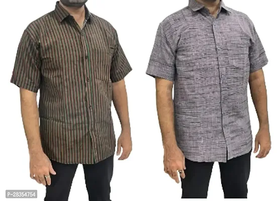 Fancy Khadi Cotton Short Sleeves Casual Shirt For Men Pack Of 2-thumb0