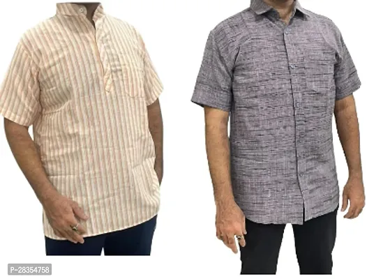 Fancy Khadi Cotton Short Sleeves Casual Shirt For Men Pack Of 2-thumb0