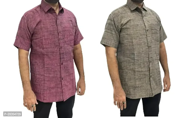 Fancy Khadi Cotton Short Sleeves Casual Shirt For Men Pack Of 2-thumb0