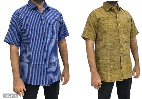 Fancy Khadi Cotton Short Sleeves Casual Shirt For Men Pack Of 2-thumb0