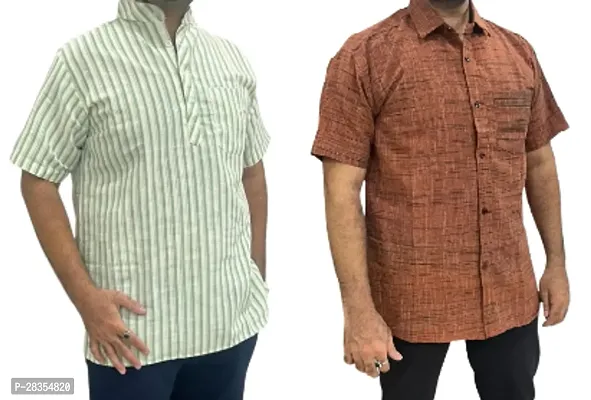 Fancy Khadi Cotton Short Sleeves Casual Shirt For Men Pack Of 2-thumb0