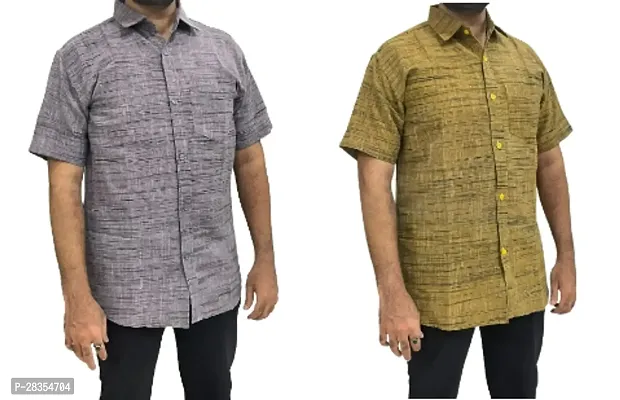 Fancy Khadi Cotton Short Sleeves Casual Shirt For Men Pack Of 2-thumb0