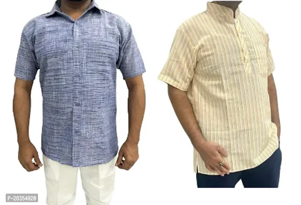 Fancy Khadi Cotton Short Sleeves Casual Shirt For Men Pack Of 2-thumb0