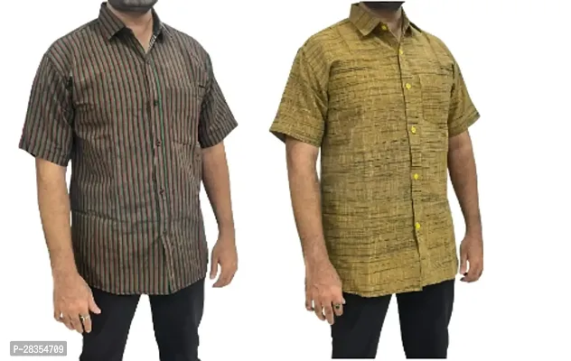 Fancy Khadi Cotton Short Sleeves Casual Shirt For Men Pack Of 2-thumb0