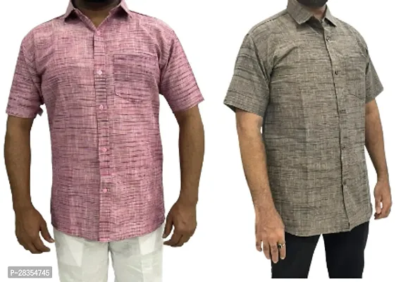 Fancy Khadi Cotton Short Sleeves Casual Shirt For Men Pack Of 2-thumb0