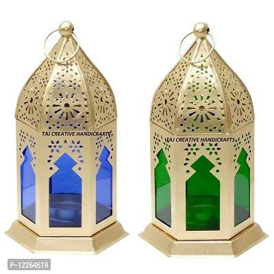TAJ CREATIVE HANDICRAFTS Home Decorative Iron Tealightholder Lantern for Hanging Moroccan Lantern for Wedding/Festival/Wall Hanging (Pack of 2) - Blue,Green (9 x 9 x 17 Centimeters) (Candle Wax T-Light Free)