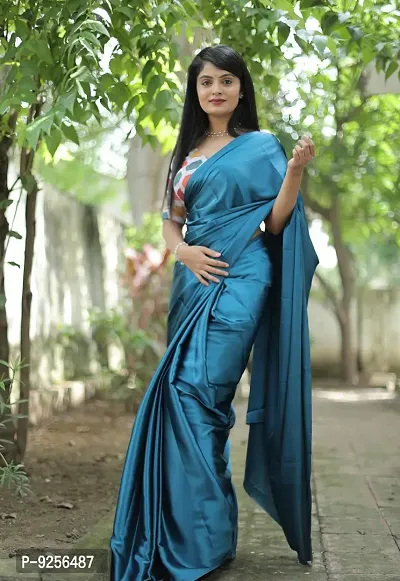Stylish Satin Silk Blue Solid Solid Saree With Printed Blouse Piece For Women