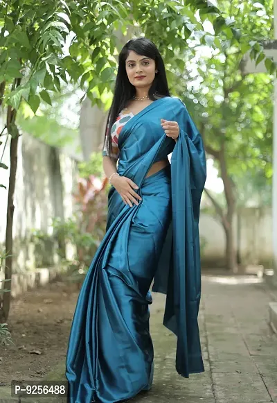 Stylish Satin Silk Blue Solid Solid Saree With Printed Blouse Piece For Women