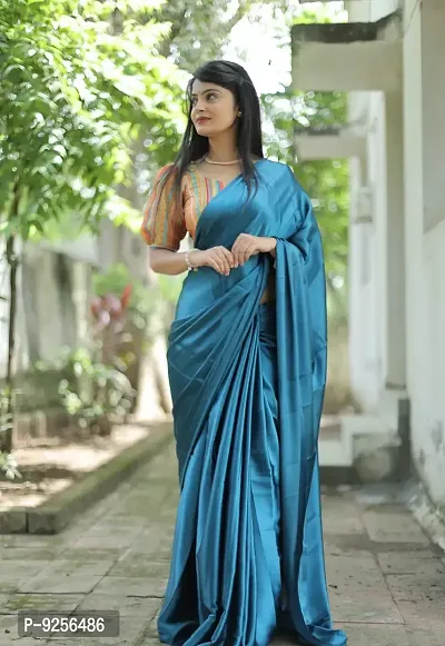 Stylish Satin Silk Blue Solid Solid Saree With Printed Blouse Piece For Women-thumb0