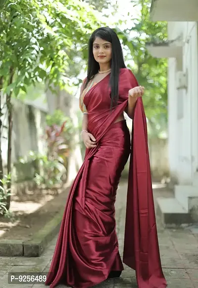 Stylish Satin Silk Maroon Solid Solid Saree With Printed Blouse Piece For Women
