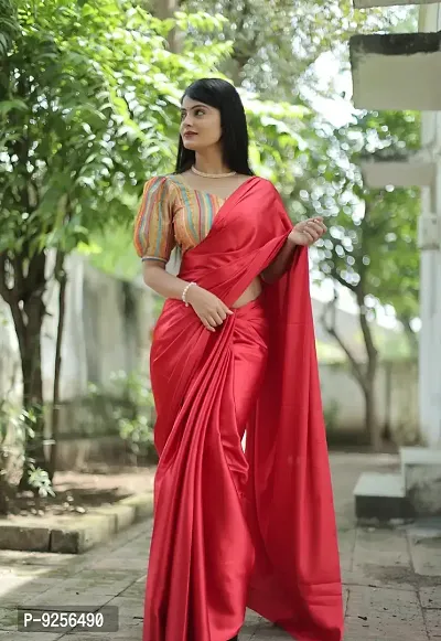 Stylish Satin Silk Red Solid Solid Saree With Printed Blouse Piece For Women