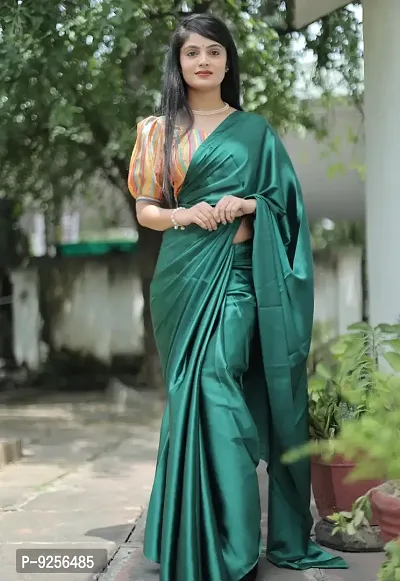 Stylish Satin Silk Green Solid Solid Saree With Printed Blouse Piece For Women