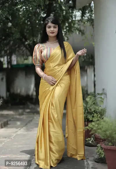 Stylish Satin Silk Yellow Solid Solid Saree With Printed Blouse Piece For Women