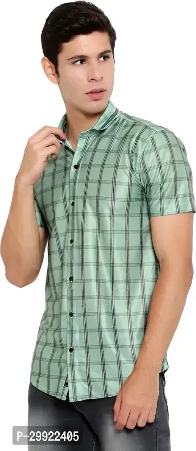 Reliable Green Cotton Blend Checked Short Sleeves Casual Shirt For Men-thumb0