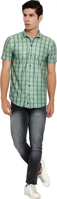 Reliable Green Cotton Blend Checked Short Sleeves Casual Shirt For Men-thumb3