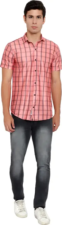 Reliable Pink Cotton Blend Checked Short Sleeves Casual Shirt For Men-thumb4