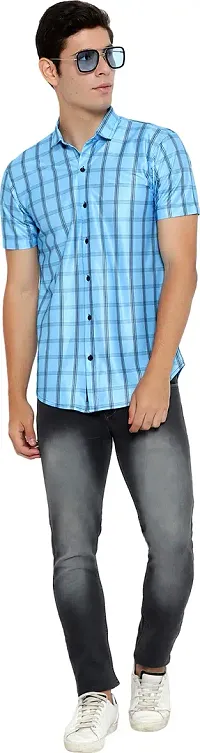 Reliable Blue Cotton Blend Checked Short Sleeves Casual Shirt For Men-thumb4