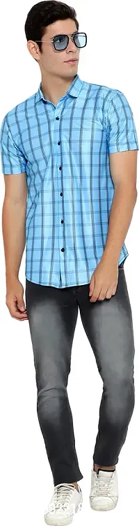 Reliable Blue Cotton Blend Checked Short Sleeves Casual Shirt For Men-thumb5