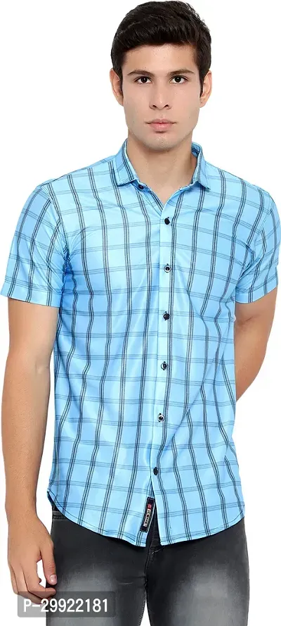 Reliable Blue Cotton Blend Checked Short Sleeves Casual Shirt For Men-thumb0