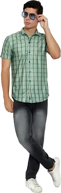 Reliable Green Cotton Blend Checked Short Sleeves Casual Shirt For Men-thumb5