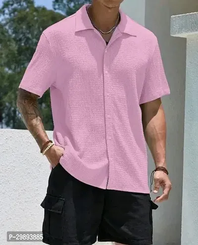 Reliable Pink Cotton Blend Short Sleeves Casual Shirt For Men-thumb0