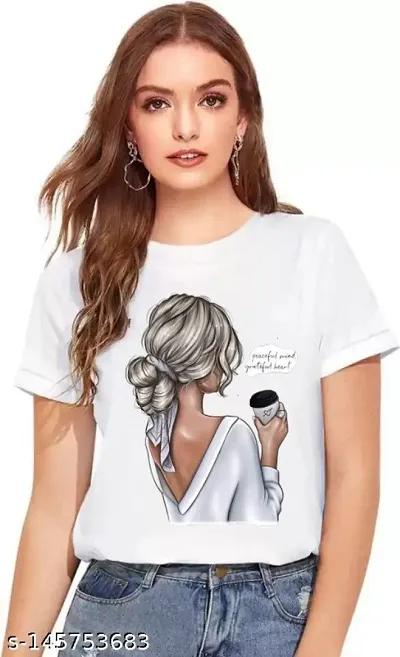 Women Polyester Round Neck Half Sleeve Printed T-shirt