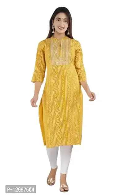 FIKSTALL Latest Women's Rayon Bandhej Heavy Embroidery Printed Work Straight Kurti, Festive, Casual, Office wear Yellow