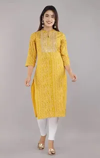 FIKSTALL Latest Women's Rayon Bandhej Heavy Embroidery Printed Work Straight Kurti, Festive, Casual, Office wear Yellow-thumb3