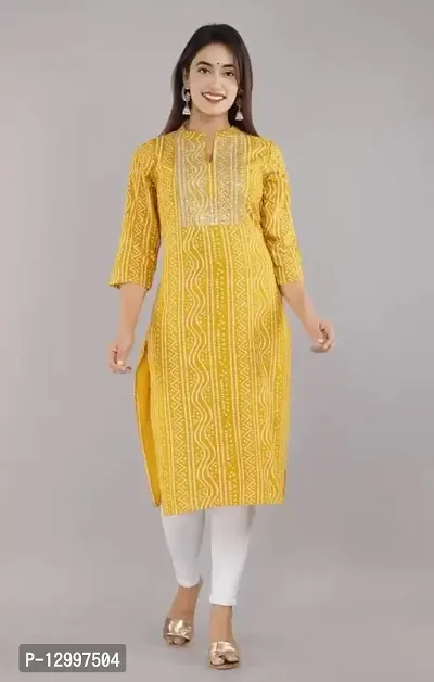 FIKSTALL Latest Women's Rayon Bandhej Heavy Embroidery Printed Work Straight Kurti, Festive, Casual, Office wear Yellow-thumb4