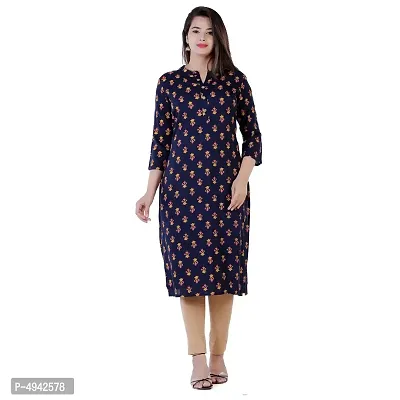 Women's Printed Straight Navy Blue Rayon Kurtas-thumb0