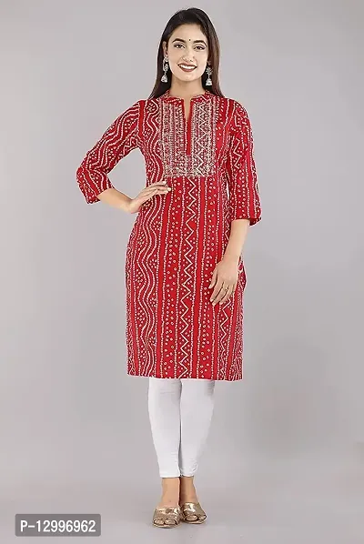 FIKSTALL Latest Women's Rayon Bandhej Heavy Embroidery Printed Work Straight Kurti, Festive, Casual, Office wear Red-thumb4