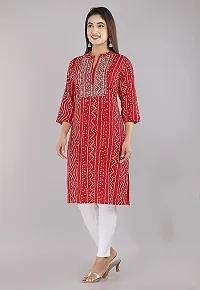 FIKSTALL Latest Women's Rayon Bandhej Heavy Embroidery Printed Work Straight Kurti, Festive, Casual, Office wear Red-thumb2