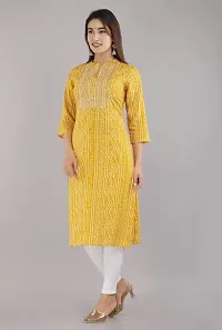 FIKSTALL Latest Women's Rayon Bandhej Heavy Embroidery Printed Work Straight Kurti, Festive, Casual, Office wear Yellow-thumb4