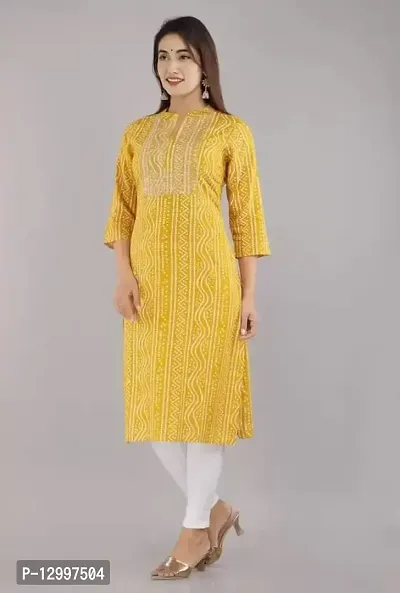 FIKSTALL Latest Women's Rayon Bandhej Heavy Embroidery Printed Work Straight Kurti, Festive, Casual, Office wear Yellow-thumb5