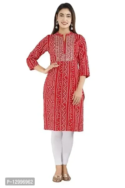 FIKSTALL Latest Women's Rayon Bandhej Heavy Embroidery Printed Work Straight Kurti, Festive, Casual, Office wear Red-thumb0