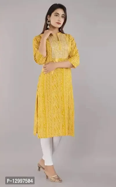 FIKSTALL Latest Women's Rayon Bandhej Heavy Embroidery Printed Work Straight Kurti, Festive, Casual, Office wear Yellow-thumb3