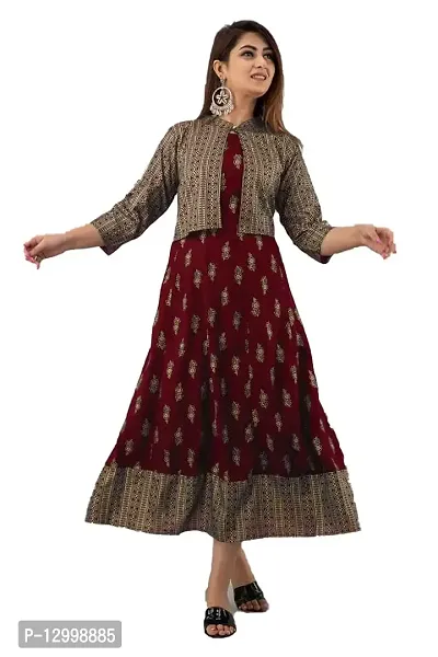 FIKSTALL Exclusive Rayon Printed Stylish Anarkali Gown Kurta for Women, Plus Size Indian Long Dress Gown, Festive, Casual & Party (XX-Large, Marron)-thumb0