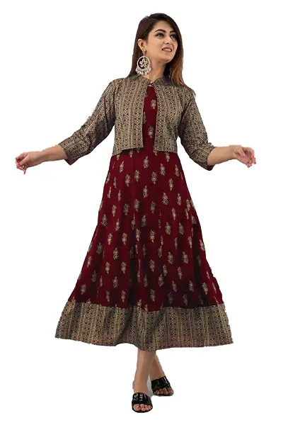 FIKSTALL Exclusive Rayon Stylish Anarkali Gown Kurta for Women, Plus Size Indian Long Dress Gown, Festive, Casual & Party (Medium, Marron)