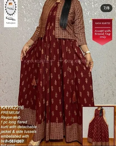 Elegant Maroon Rayon Embellished Foil Print Flared Kurta with Detachable Jacket For Women-thumb0