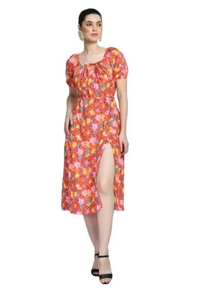 COATTIRE Women's Floral Print Dress (Red)