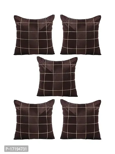 Gifts Island? Set of 5 Polyester Silk Brown  Gold-Tone Box Checkered Square Cushion Covers 16 inch x 16 inch (40.64 x 40.64 cm, Brown)-thumb2