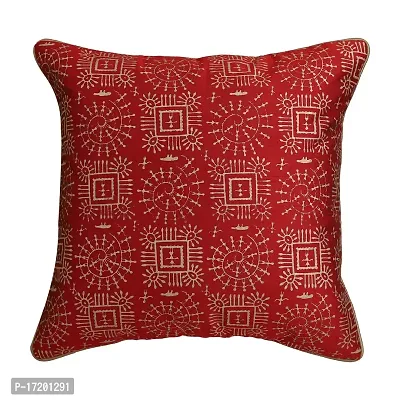 Gifts Island? Set of 5 Polyester Silk Traditional Warli Golden Hand-Block Printed Square Cushion Covers 16 inch x 16 inch (40.64 x 40.64 cm, Red)-thumb3