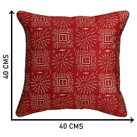 Gifts Island? Set of 5 Polyester Silk Traditional Warli Golden Hand-Block Printed Square Cushion Covers 16 inch x 16 inch (40.64 x 40.64 cm, Red)-thumb1