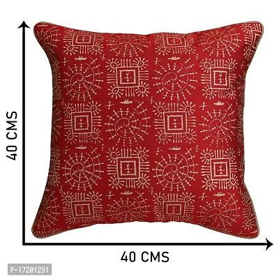 Gifts Island? Set of 5 Polyester Silk Traditional Warli Golden Hand-Block Printed Square Cushion Covers 16 inch x 16 inch (40.64 x 40.64 cm, Red)-thumb2