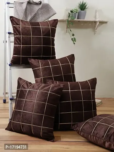 Gifts Island? Set of 5 Polyester Silk Brown  Gold-Tone Box Checkered Square Cushion Covers 16 inch x 16 inch (40.64 x 40.64 cm, Brown)-thumb0