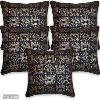 Gifts Island Set of 5 Dupion Silk Decorative/Traditional Rajasthani Warli Golden Hand Printed Throw/Pillow Square Cushion Covers-thumb0